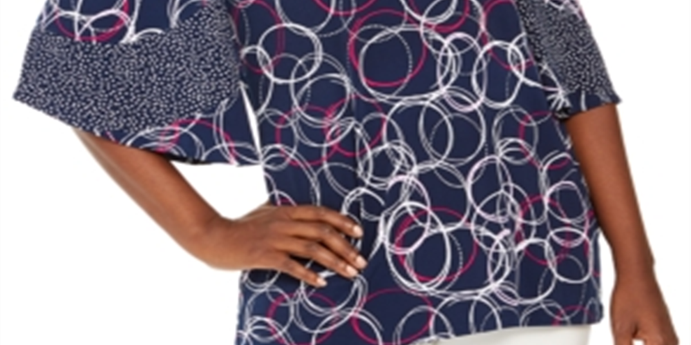 Túnica feminina JM Collection com estampa mista e ombros descobertos, azul, tamanho extragrande