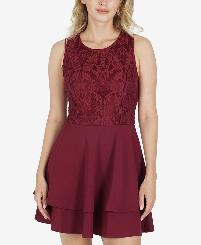 Vestido curto com babados e decote em joia, sem mangas, bordado, zíper, vermelho, tamanho médio, sem palavras