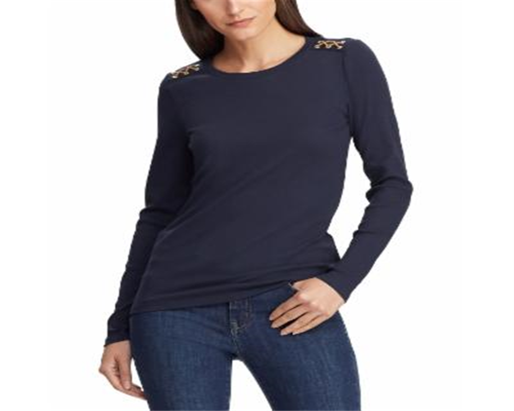Blusa de malha waffle com detalhes em camurça Ralph Lauren feminina, roxa, tamanho pequeno M