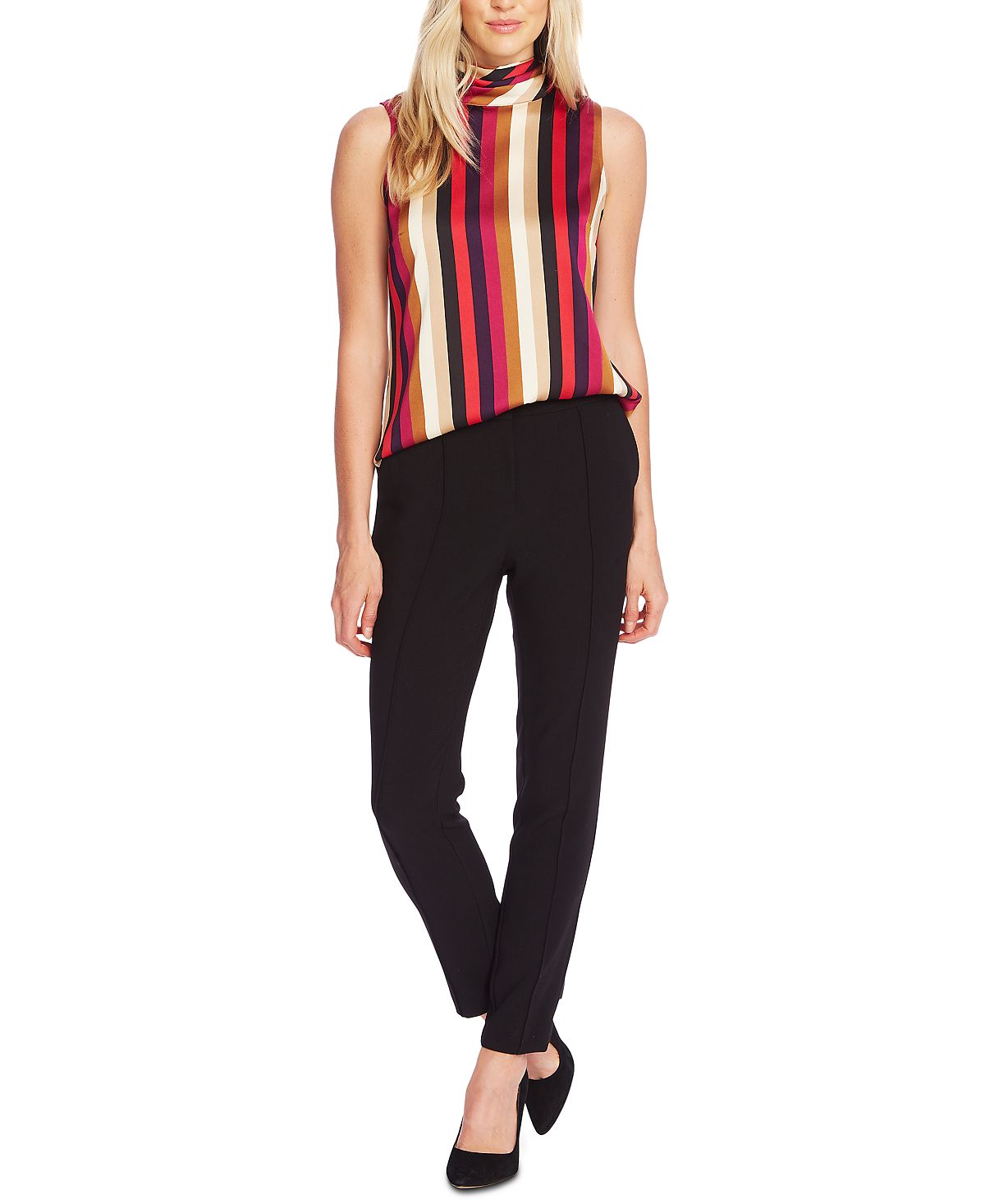 Vince Camuto Blusa feminina listrada sem mangas vermelha tamanho grande