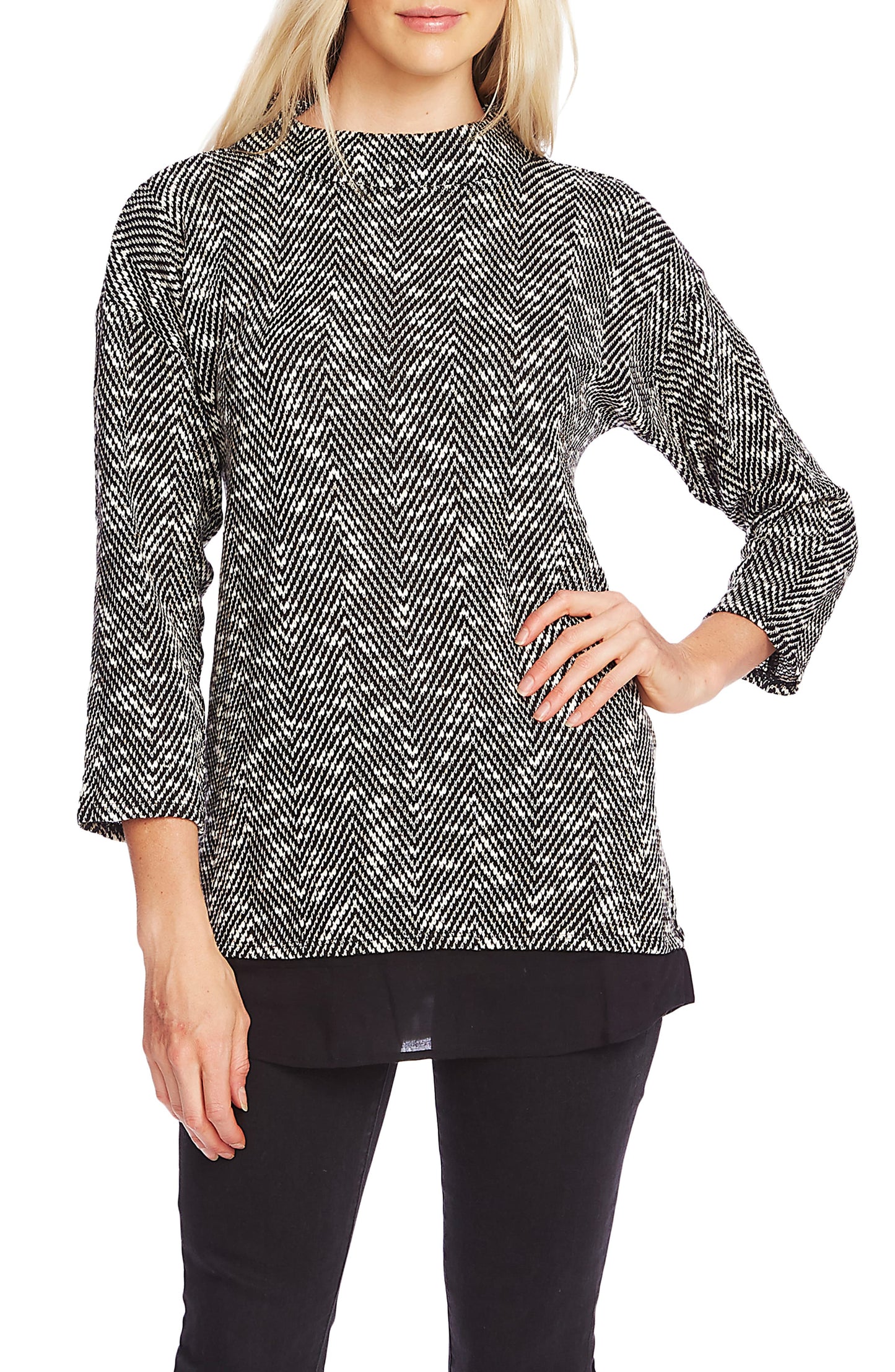 Suéter feminino Vince Camuto com gola alta e acabamento em espinha de peixe, cinza, tamanho X-S