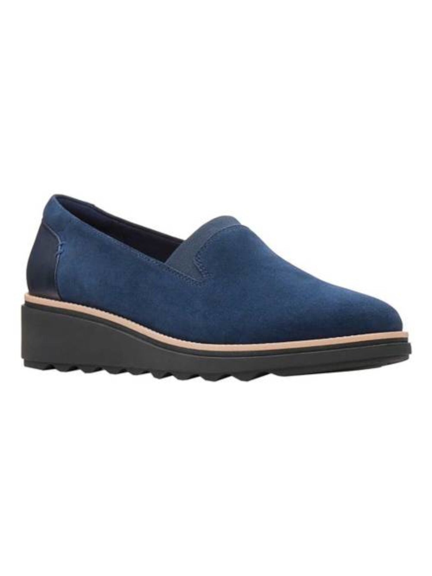 Clarks Plataforma Feminina Almofadada Absorção de Umidade Elástica Sharon Dolly Bico Redondo Cunha Slip Azul Marinho Tamanho 12 M
