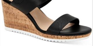 Sandálias femininas Alfani Tilliee de couro com tiras e salto plataforma, pretas, tamanho 9,5 M