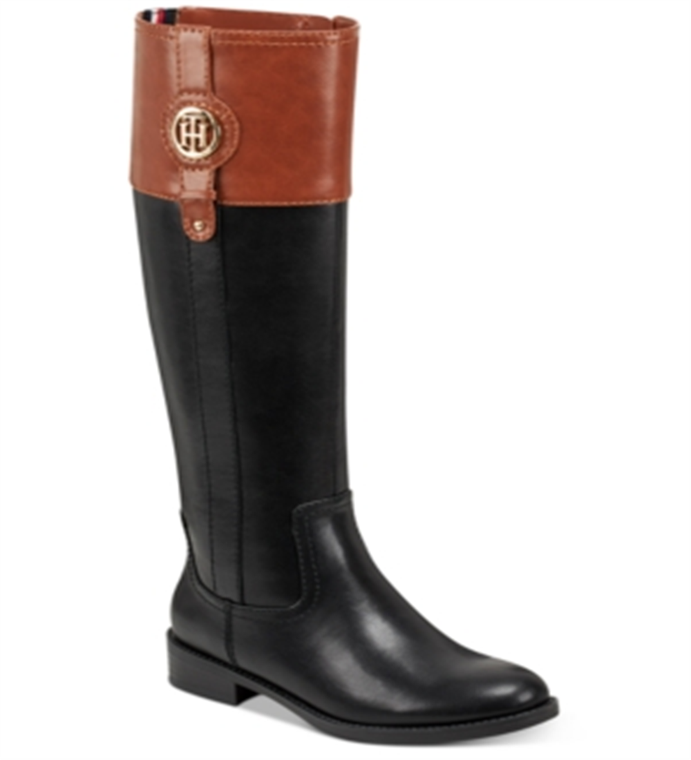 Tommy Hilfiger Imina 3 Botas de montaria femininas de couro sintético até o joelho, pretas, tamanho 8 MW