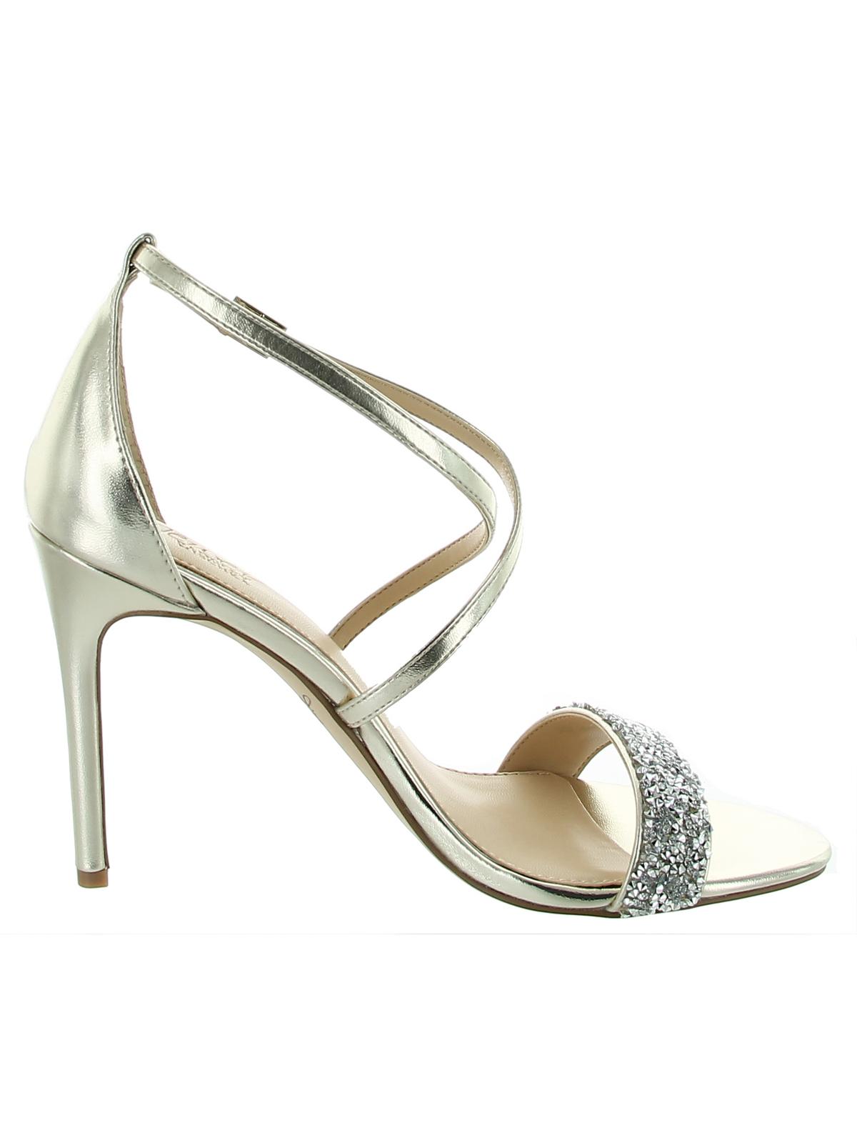 Sapatos femininos Jewel Badgley Mischka com tira no tornozelo e bico aberto, dourados, tamanho 5,5 M