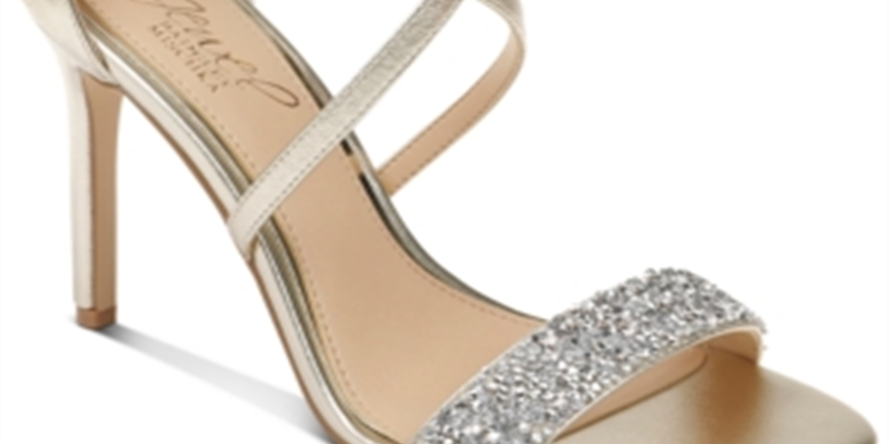 Sapatos femininos Jewel Badgley Mischka com tira no tornozelo e bico aberto, dourados, tamanho 5,5 M