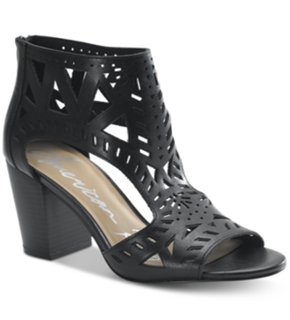 Sandálias femininas American Rag Danyelle de couro com bico aberto e tira no tornozelo, pretas, tamanho 6,5 m