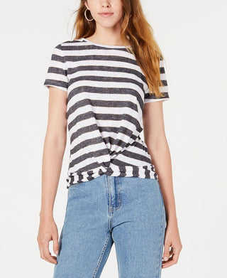 Blusa feminina listrada com bainha torcida Bar III, branca, tamanho médio