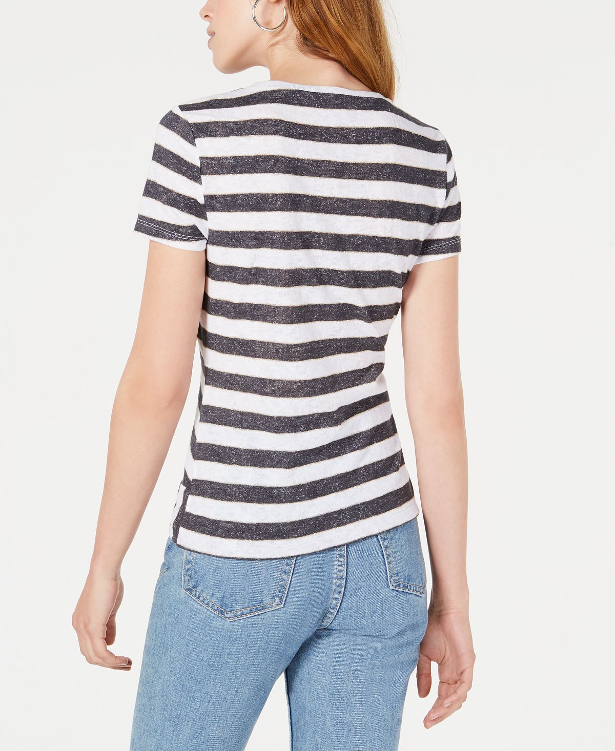 Blusa feminina listrada com bainha torcida Bar III, branca, tamanho médio