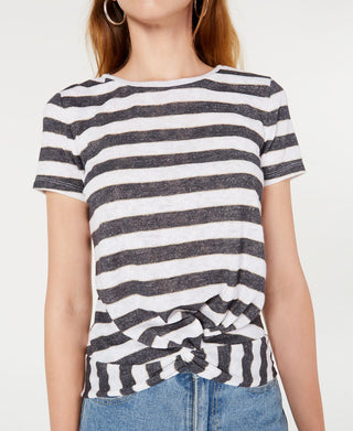 Blusa feminina listrada com bainha torcida Bar III, branca, tamanho médio