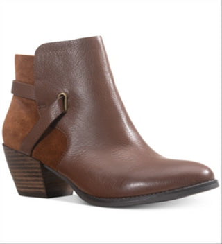 Botas femininas American Rag com tiras confortáveis, bico redondo, salto bloco e zíper, couro marrom, tamanho 9 M