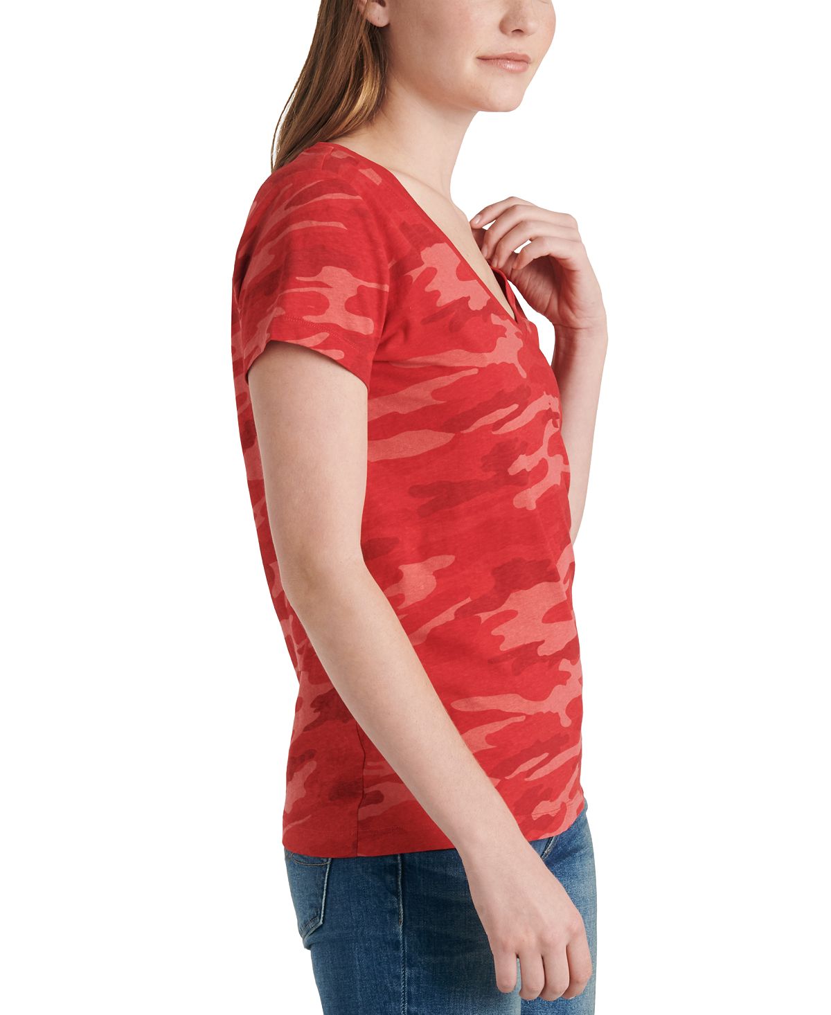 Camiseta feminina de algodão com estampa e decote em V Lucky Brand, vermelha, tamanho grande