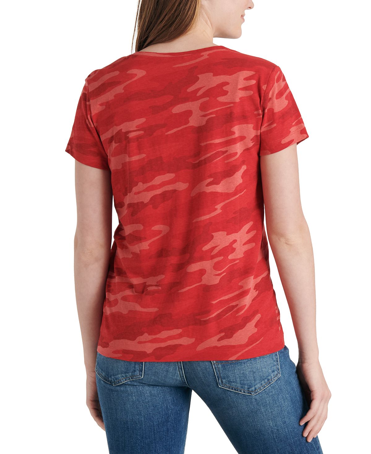 Camiseta feminina de algodão com estampa e decote em V Lucky Brand, vermelha, tamanho grande