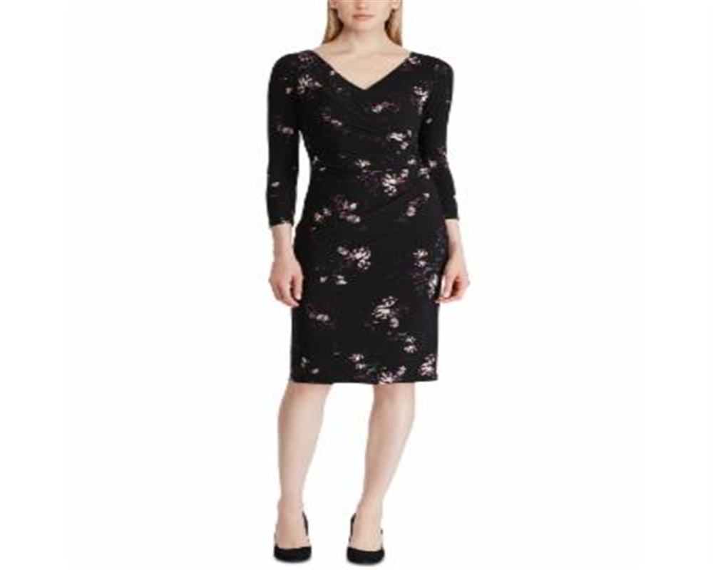 Vestido envelope feminino Ralph Lauren com manga 3/4, vestido de festa, preto, tamanho 6, pequeno