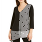 Blusa feminina Alfani estampada com manga 3/4 e decote em V, preta, tamanho grande
