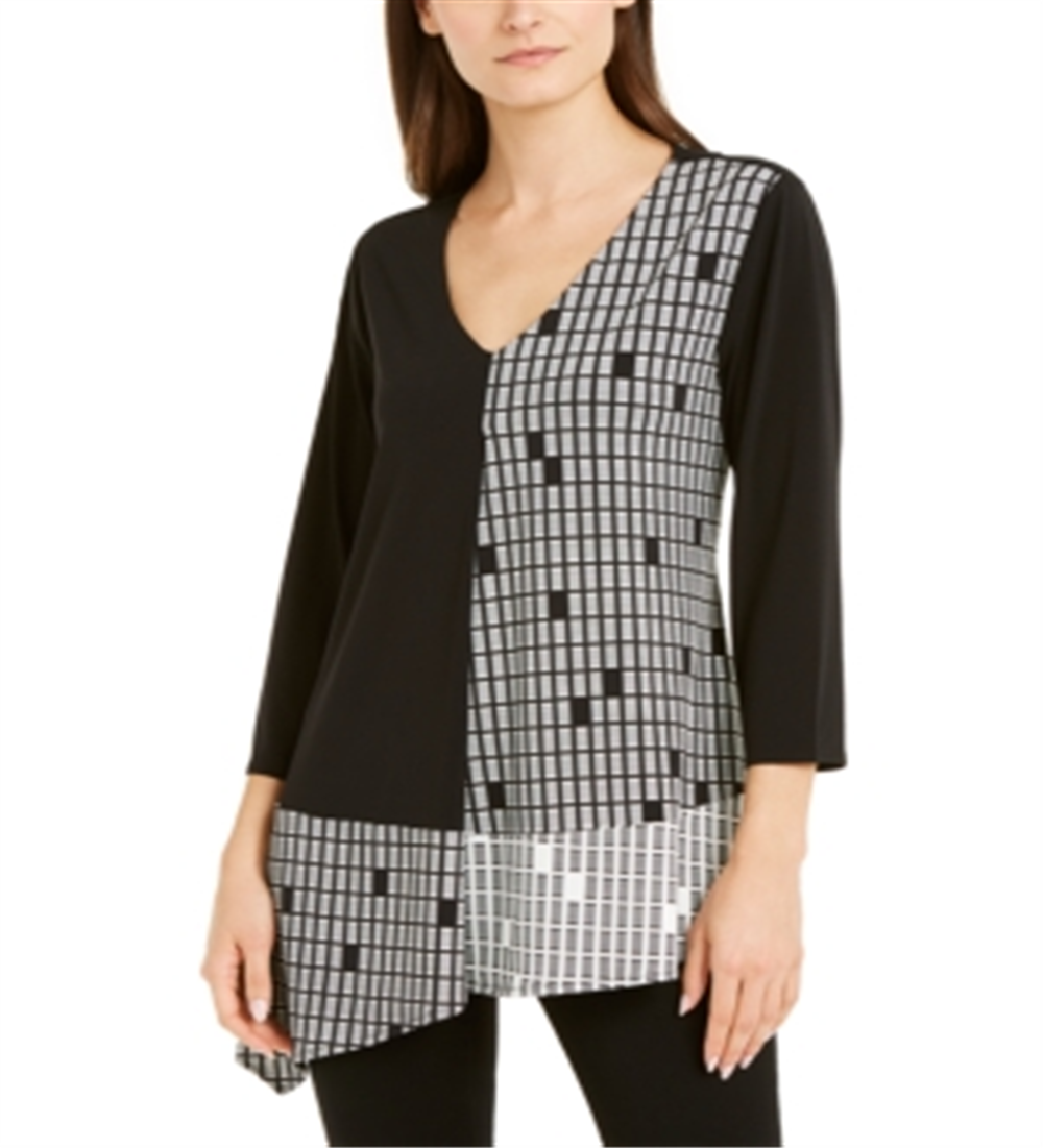 Blusa feminina Alfani estampada com manga 3/4 e decote em V, preta, tamanho grande