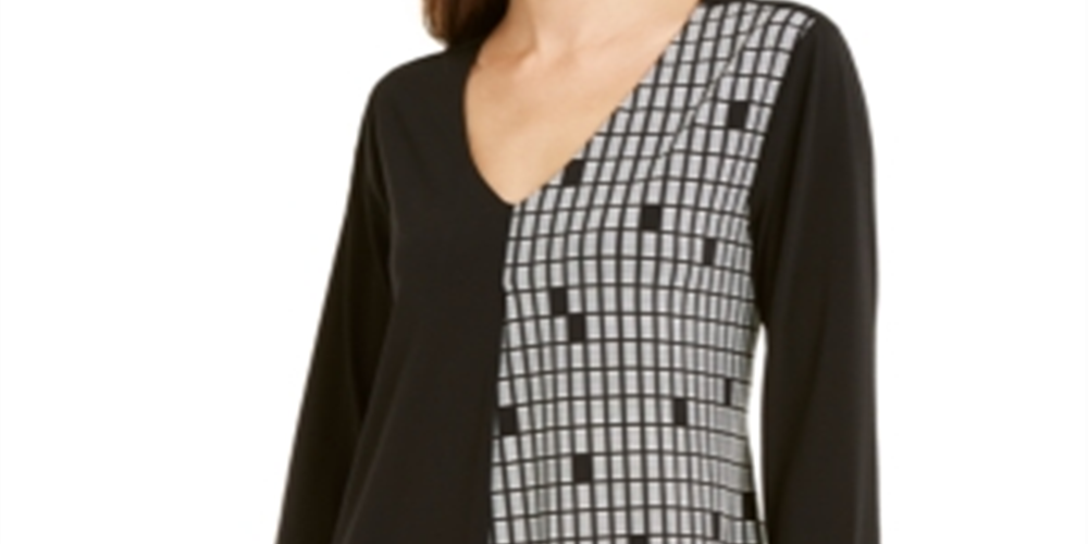 Blusa feminina Alfani estampada com manga 3/4 e decote em V, preta, tamanho grande
