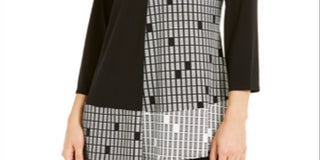 Blusa feminina Alfani estampada com manga 3/4 e decote em V, preta, tamanho grande