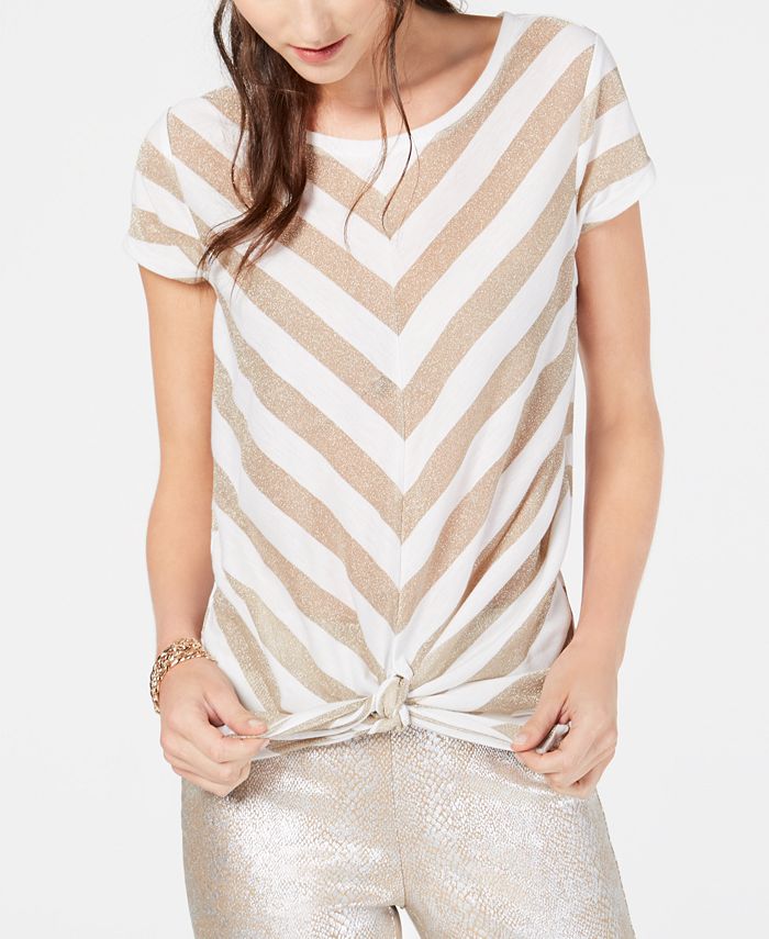 INC International Concepts Top feminino com listras metálicas e amarração frontal, branco, tamanho pequeno P