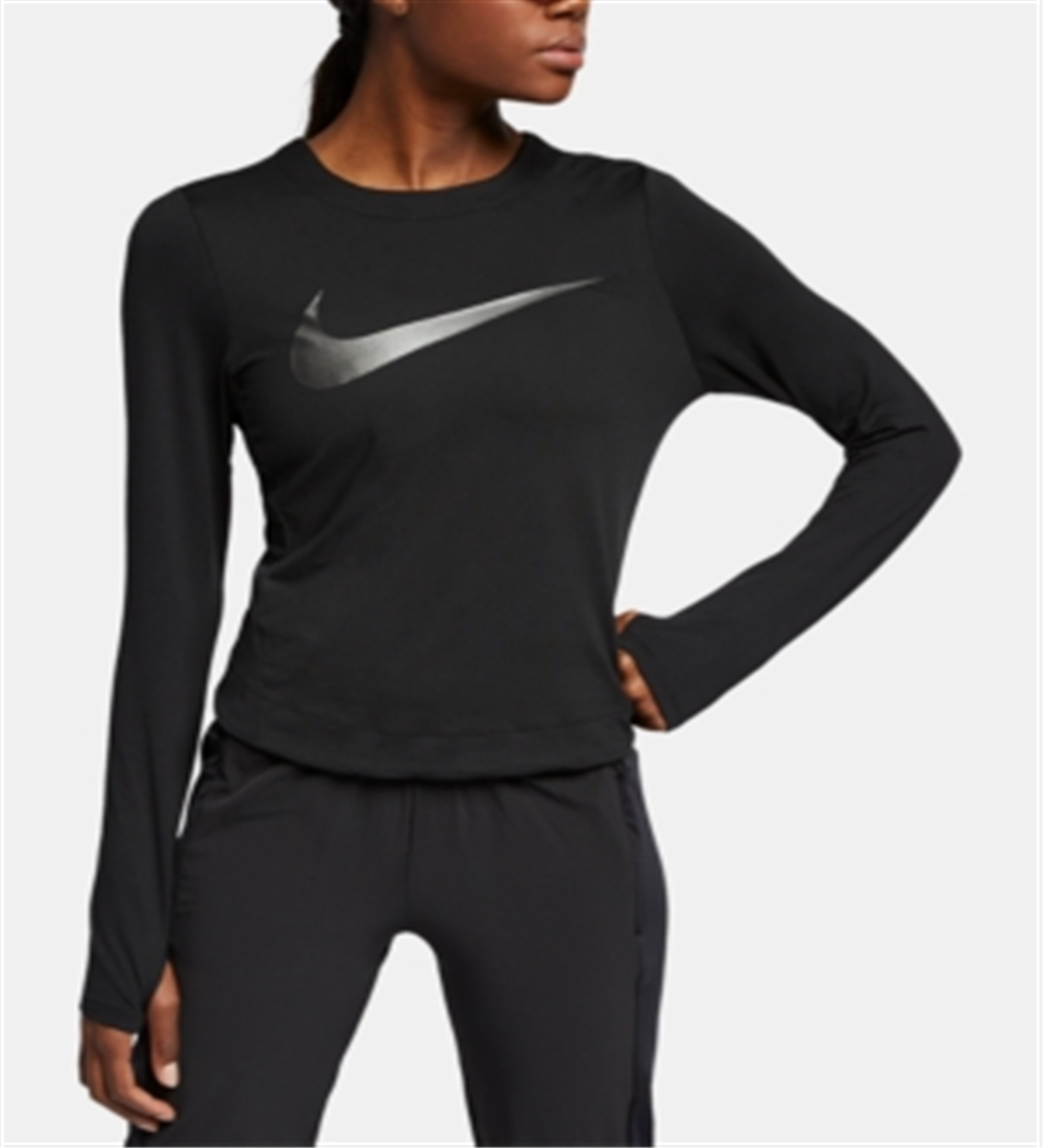 Camiseta de corrida Nike Dry Element Metallic-Logo feminina, preta, tamanho GG