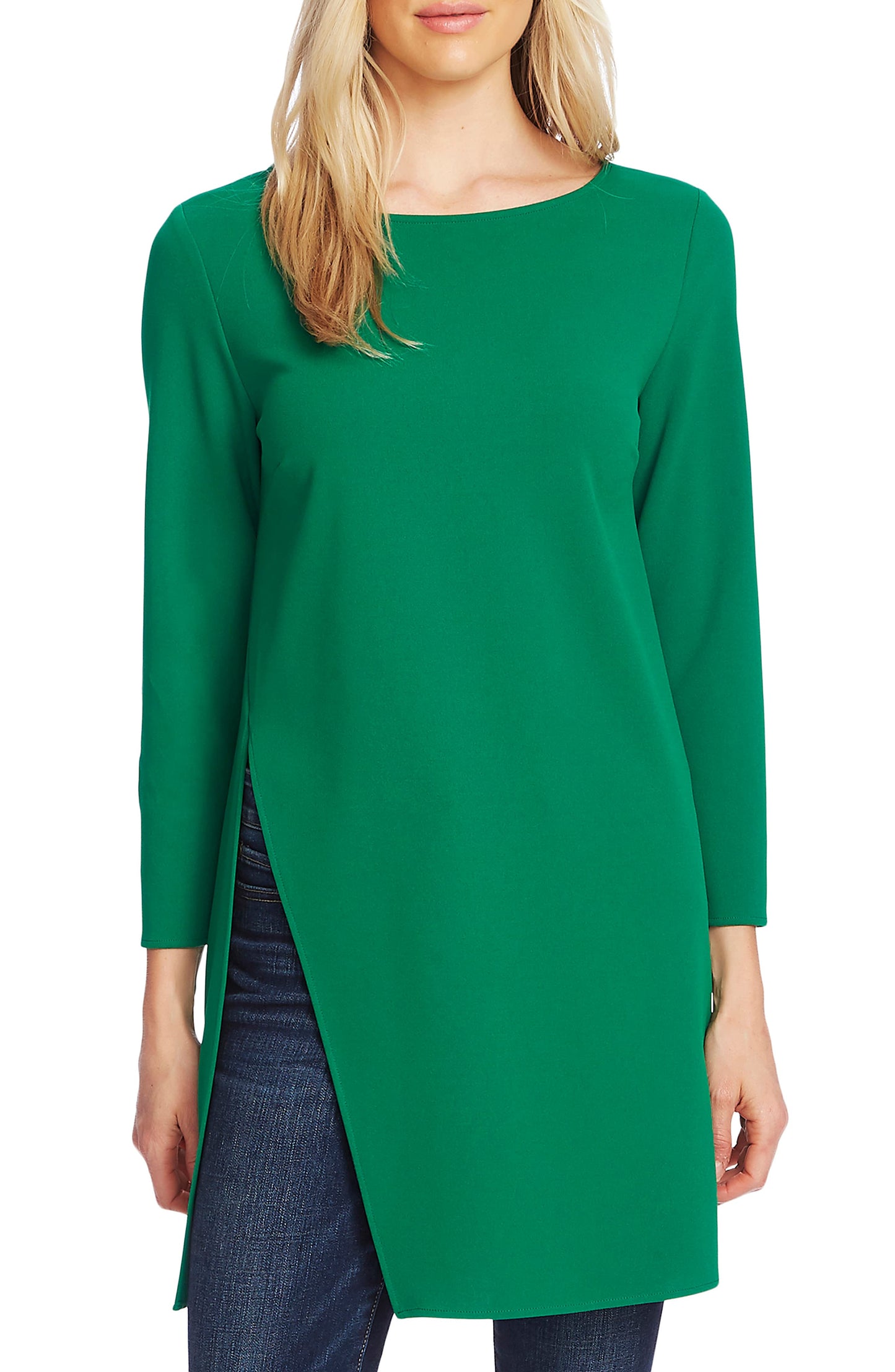 Vince Camuto Blusa túnica feminina com bainha dividida, verde, tamanho pequeno