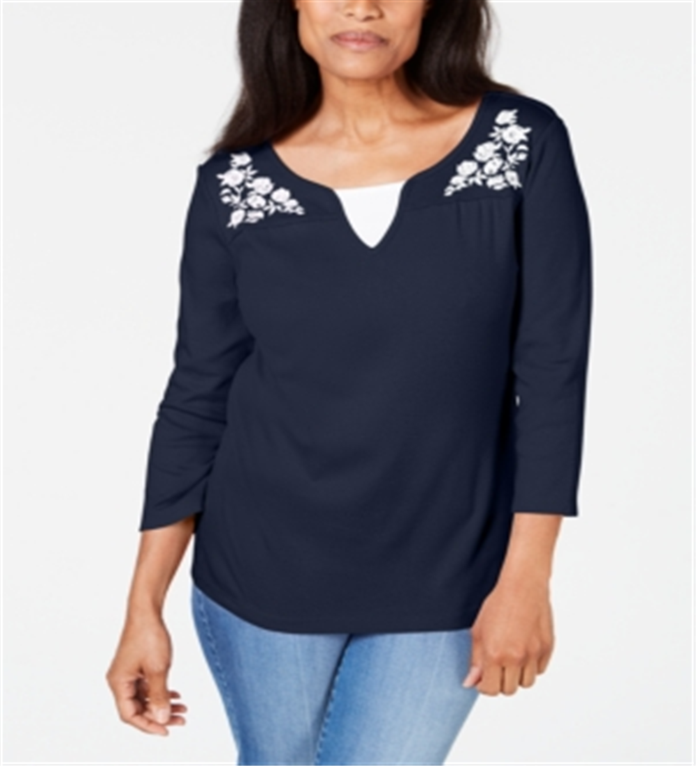 Camiseta feminina Karen Scott estampada com manga 3/4 e gola redonda, tamanho azul marinho, pequena G