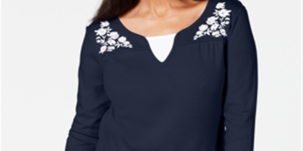 Camiseta feminina Karen Scott estampada com manga 3/4 e gola redonda, tamanho azul marinho, pequena G