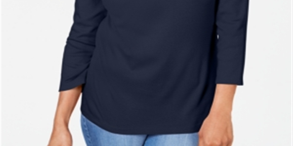 Camiseta feminina Karen Scott estampada com manga 3/4 e gola redonda, tamanho azul marinho, pequena G