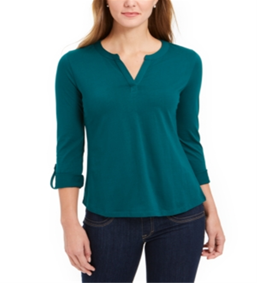 Camiseta feminina Charter Club Supima Cotton com decote dividido, verde, tamanho médio