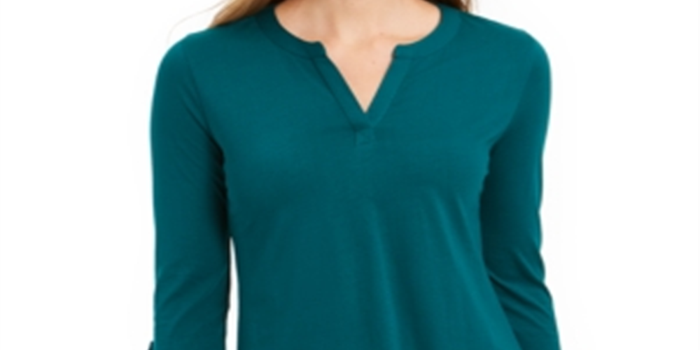 Camiseta feminina Charter Club Supima Cotton com decote dividido, verde, tamanho médio