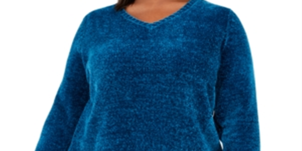 Karen Scott Suéter Feminino Gola V Chenille Azul Tamanho 0X