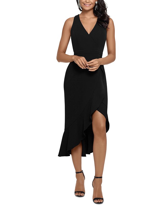 Vestido midi com babados e ajuste evasê feminino Xscape, preto, tamanho 13/14