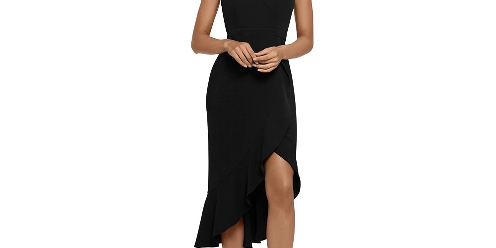 Vestido midi com babados e ajuste evasê feminino Xscape, preto, tamanho 13/14