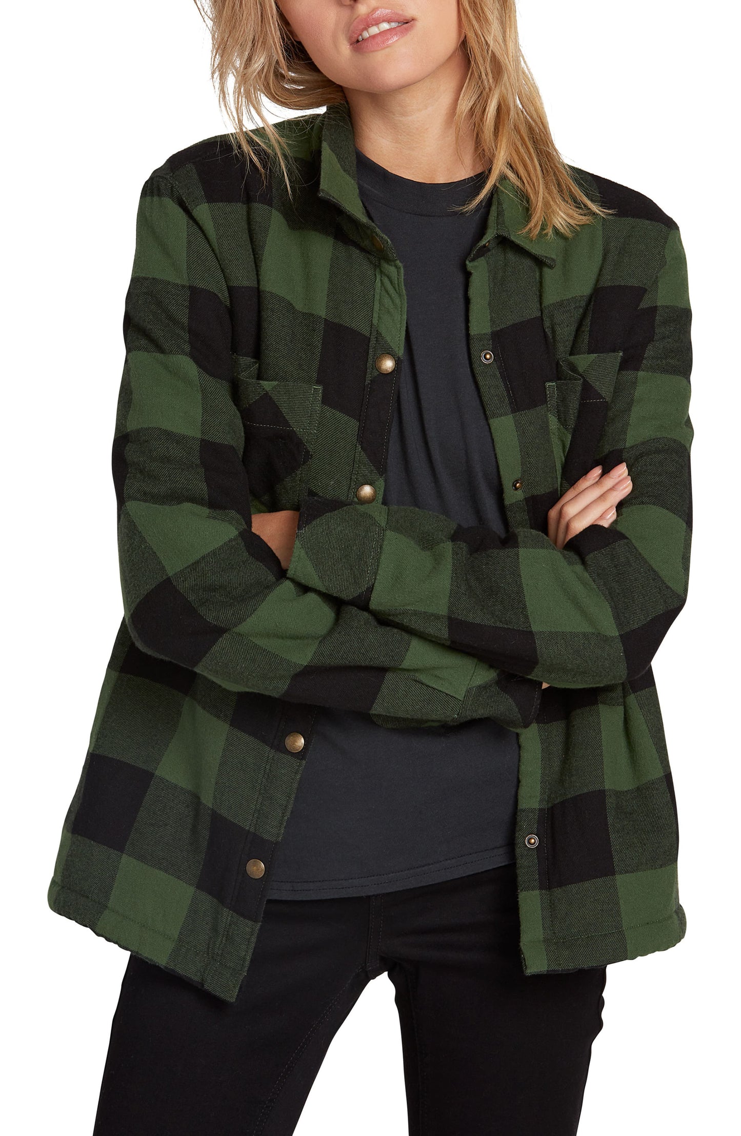 Camisa feminina Volcom Plaid About You manga comprida verde tamanho grande