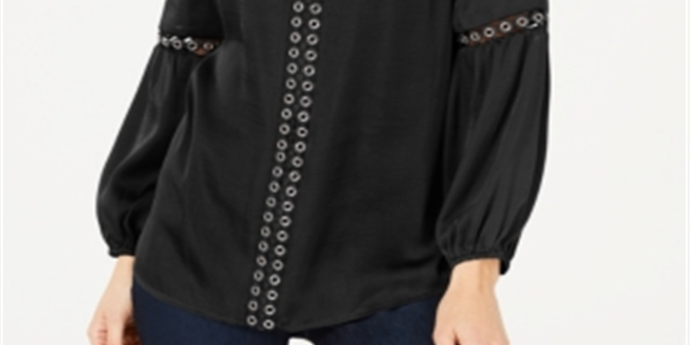 INC International Concepts Top feminino com ilhós e decote dividido, preto, tamanho pequeno e pequeno