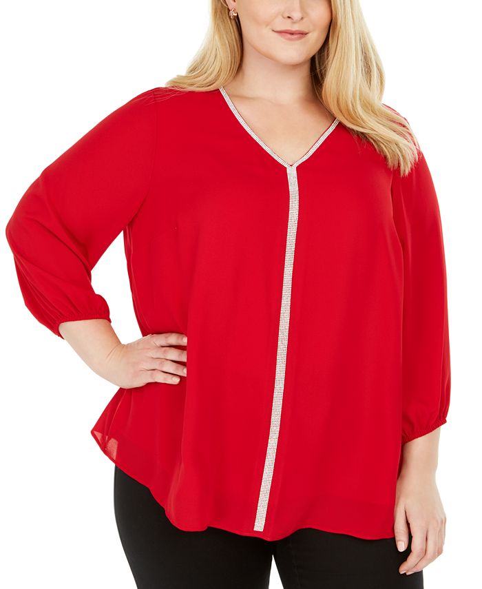 JM Collection Blusa feminina listrada com glitter, vermelha, tamanho 0X