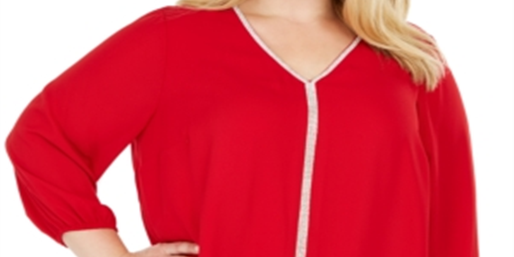 JM Collection Blusa feminina listrada com glitter, vermelha, tamanho 0X