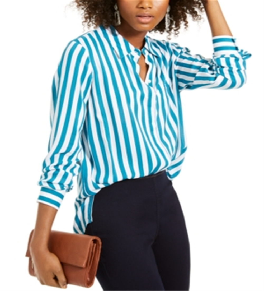 Camisa listrada feminina com botões INC International Concepts, azul, tamanho grande