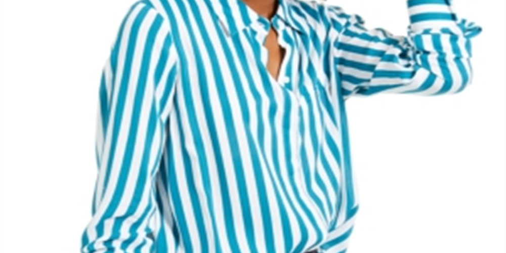 Camisa listrada feminina com botões INC International Concepts, azul, tamanho grande