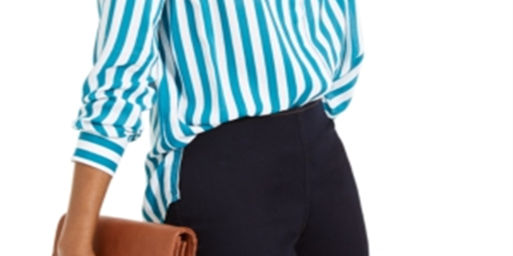 Camisa listrada feminina com botões INC International Concepts, azul, tamanho grande