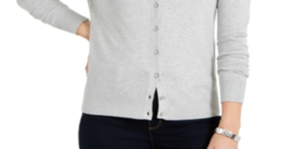 Cardigan feminino de manga comprida com botões frontais Charter Club, cinza, tamanho médio