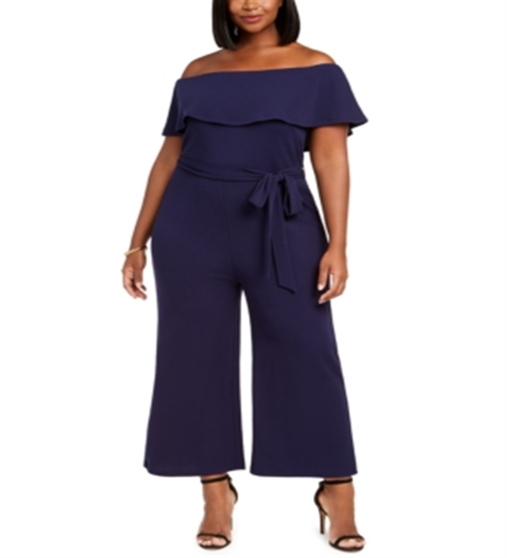 Macacão feminino estilo quase famoso, plus size, azul, ombro de fora, tamanho 1X