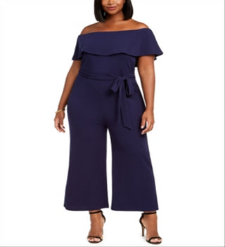 Macacão feminino estilo quase famoso, plus size, azul, ombro de fora, tamanho 1X