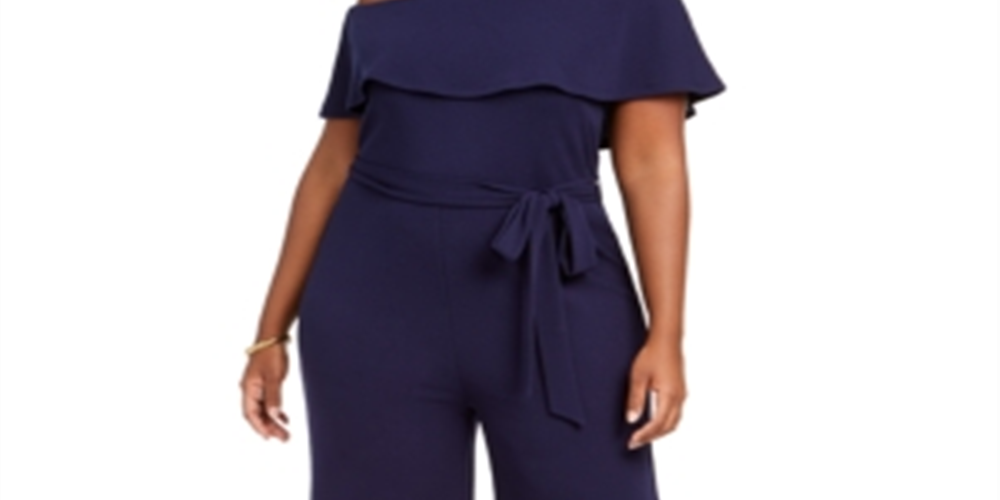 Macacão feminino estilo quase famoso, plus size, azul, ombro de fora, tamanho 1X