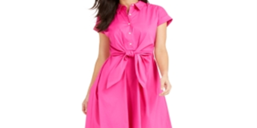 Vestido feminino Charter Club de algodão com amarração na cintura e ajuste evasê, rosa, tamanho 16