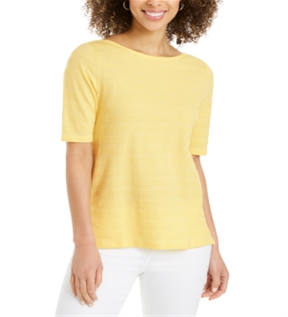 Charter Club Top feminino listrado com textura de algodão e manga cotovelo, amarelo, tamanho extragrande