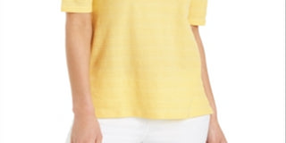 Charter Club Top feminino listrado com textura de algodão e manga cotovelo, amarelo, tamanho extragrande