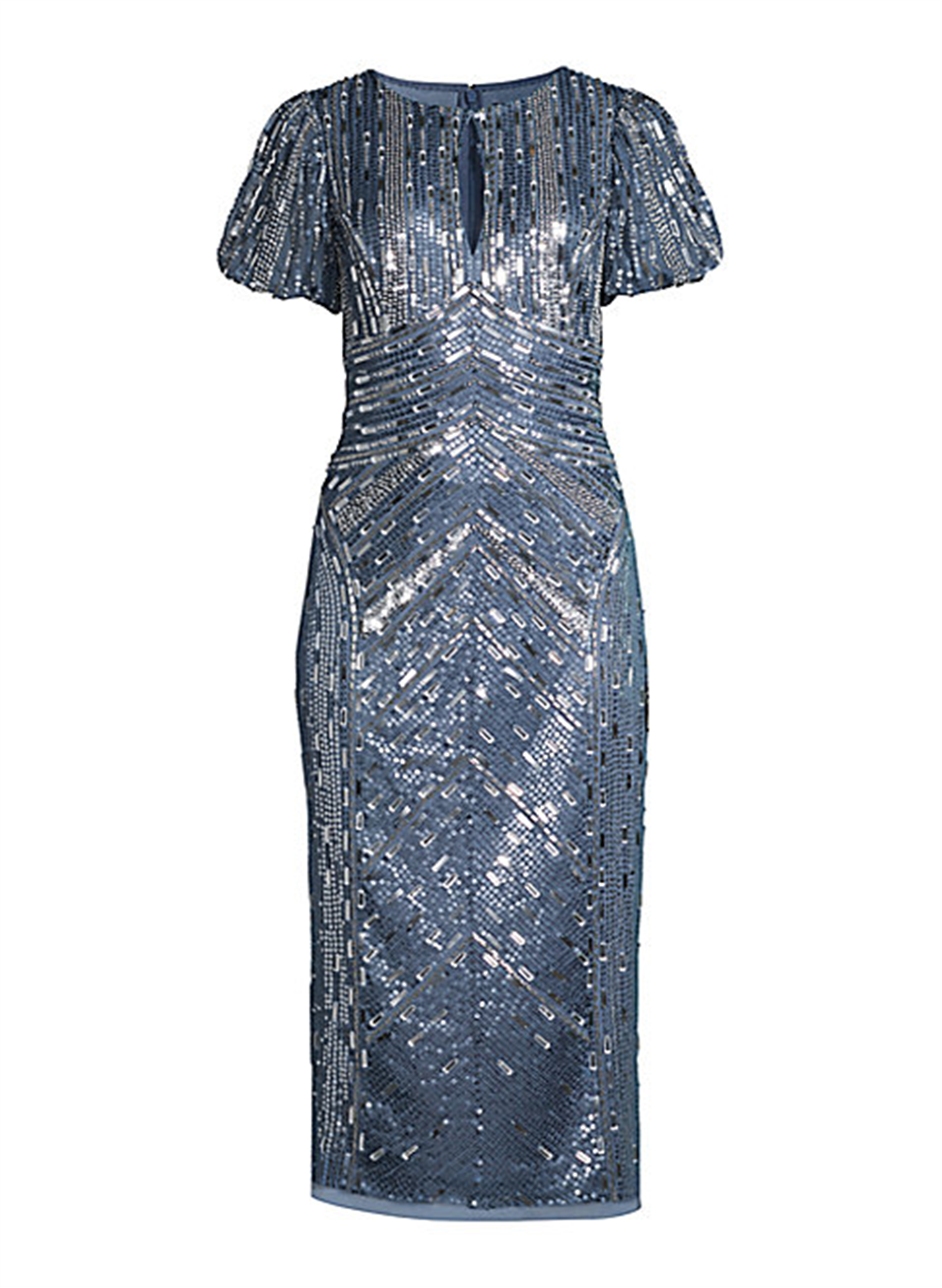 Vestido MIDI com decote em V e contas Aidan Mattox para mulheres, azul e cinza - Tamanho 6