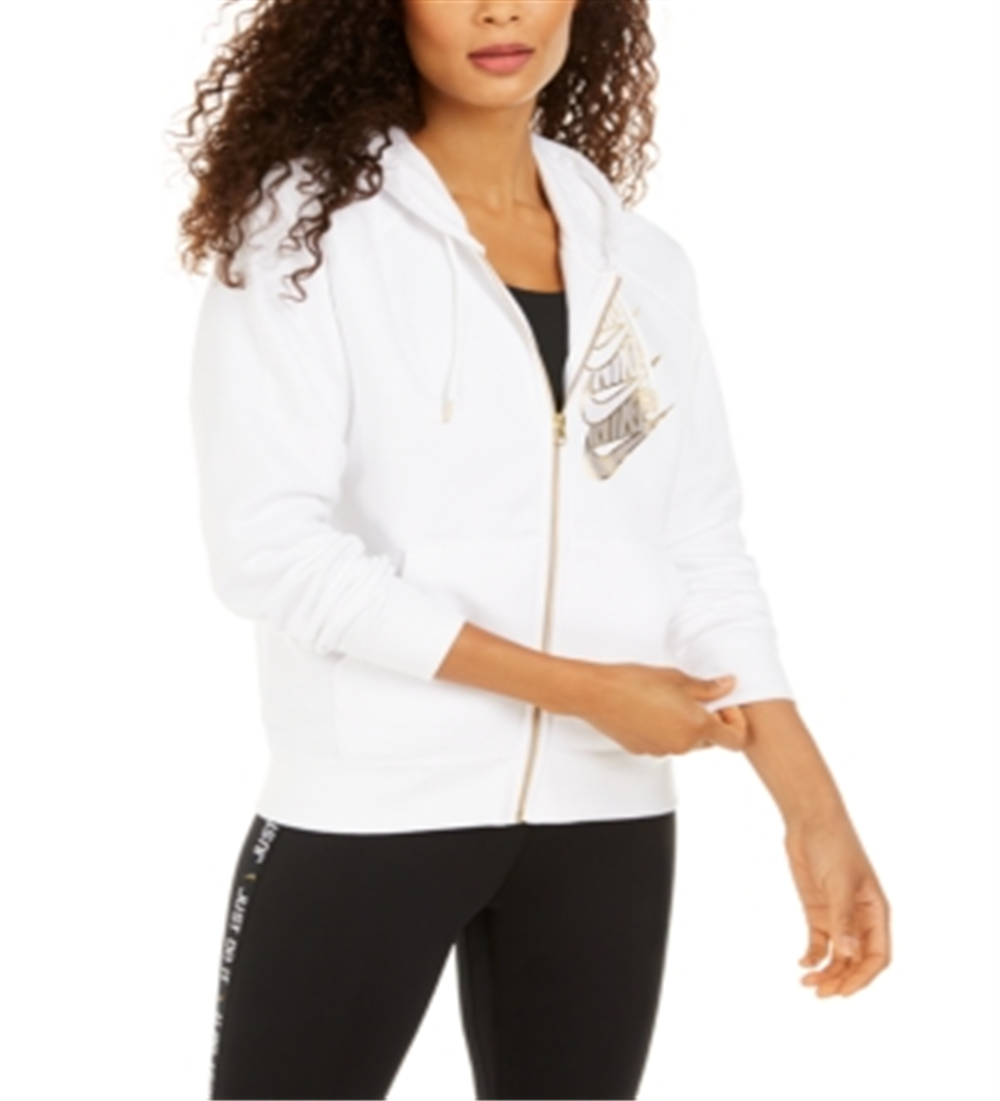 Moletom com capuz Nike Sportswear Shine Metallic Logo Feminino com zíper, branco, tamanho pequeno