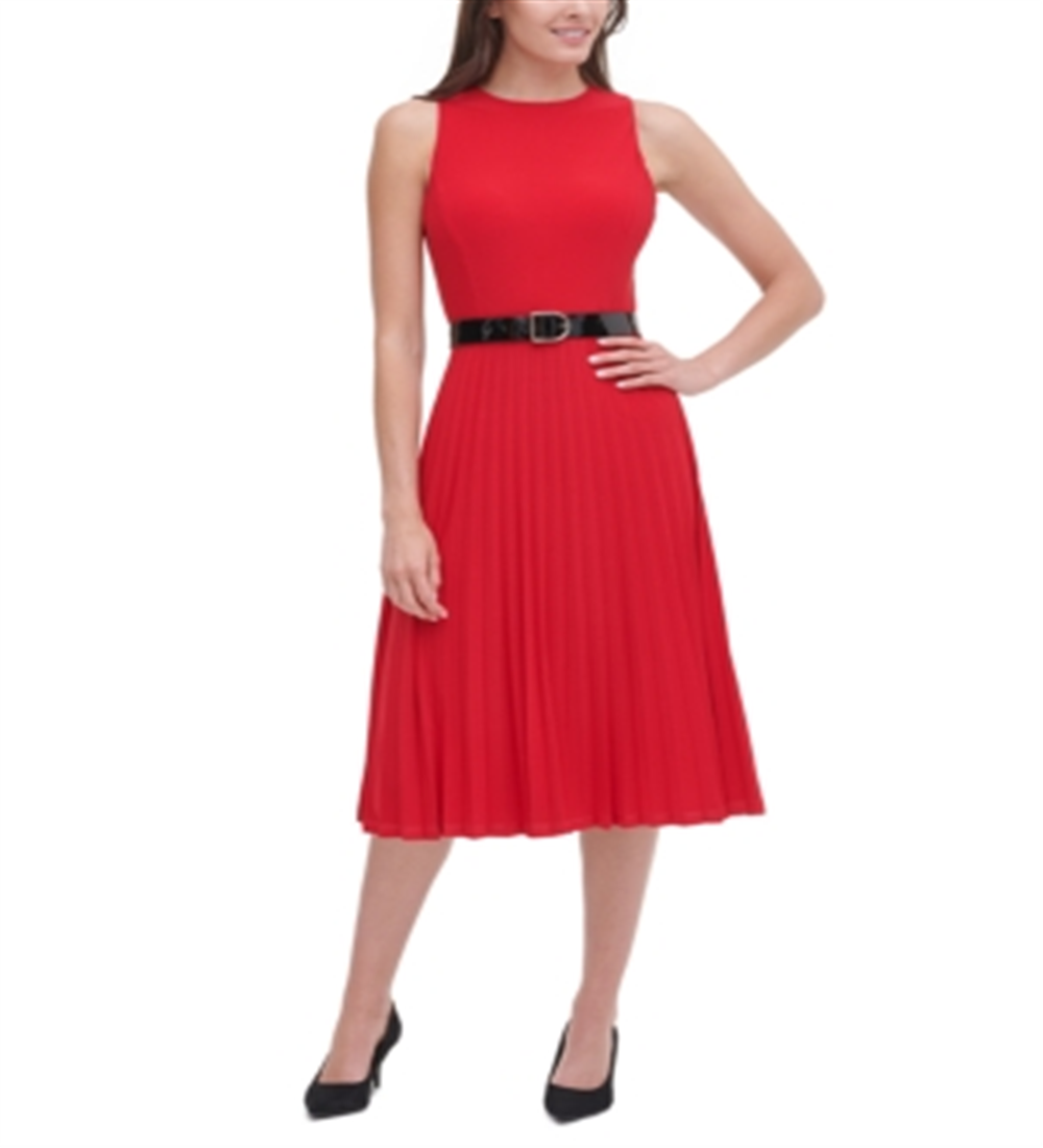 Vestido plissado de malha com cinto feminino Tommy Hilfiger, vermelho, tamanho 10 P